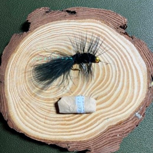 Woolly Bugger fly on a wood disc, showing bead head and marabou tail.